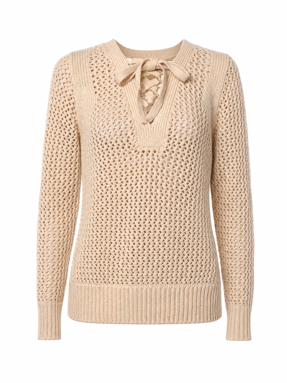Derek Lam Lace-Up Open-Knit V-Neck Sweater - Cream